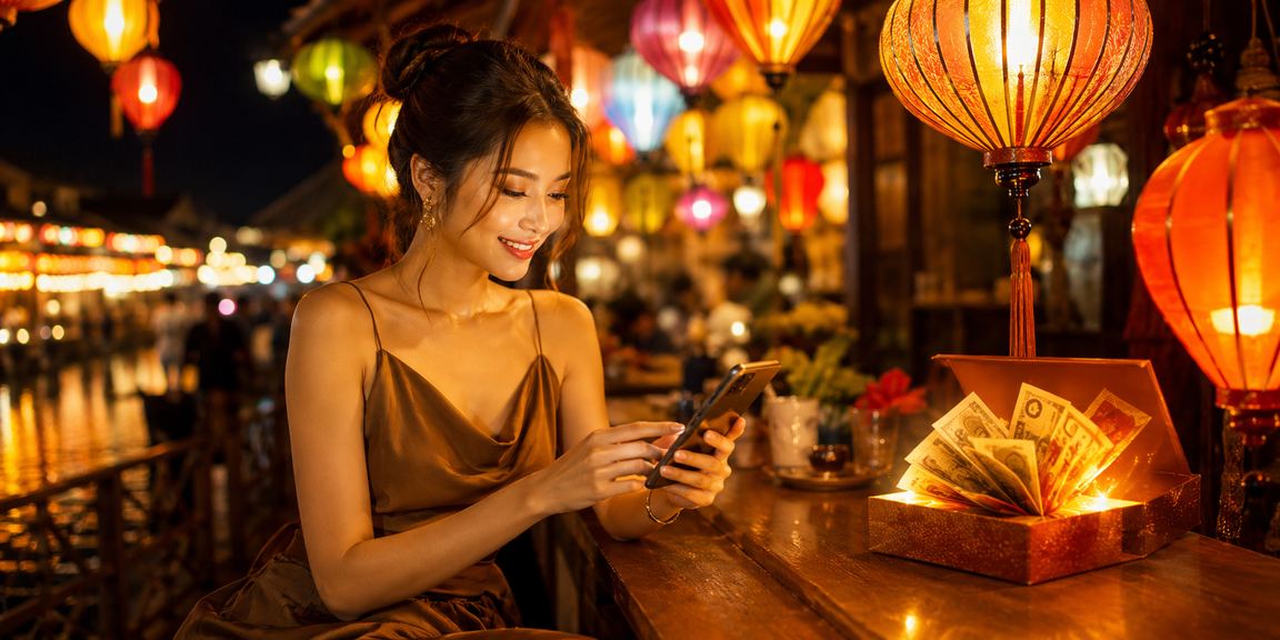 Người dùng truy cập casino trực tuyến trên điện thoại tại quán cà phê Hội An